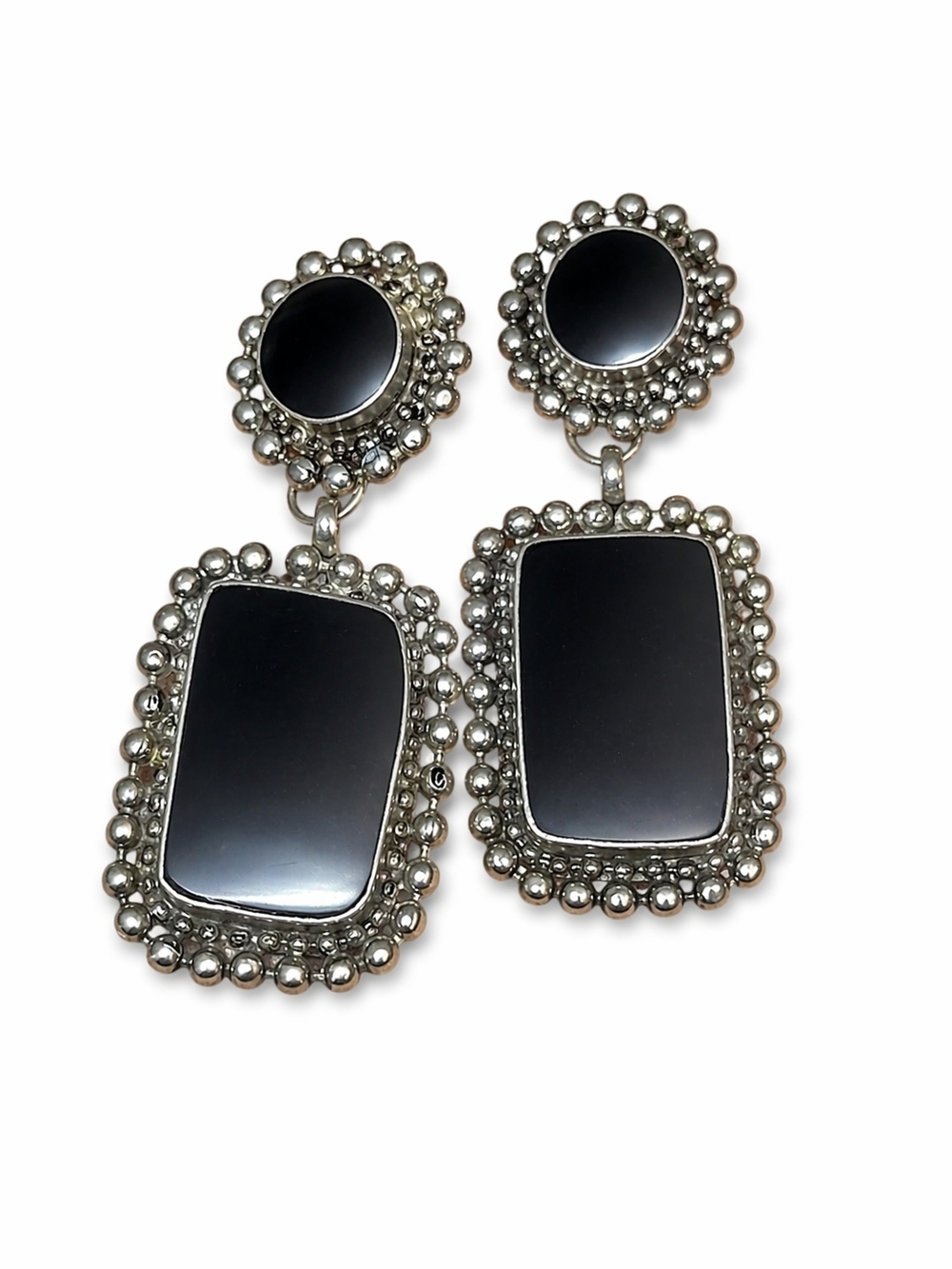 Vintage Black Cabochon Clip Earrings Silver Tone Rectangular Statement Dangles
